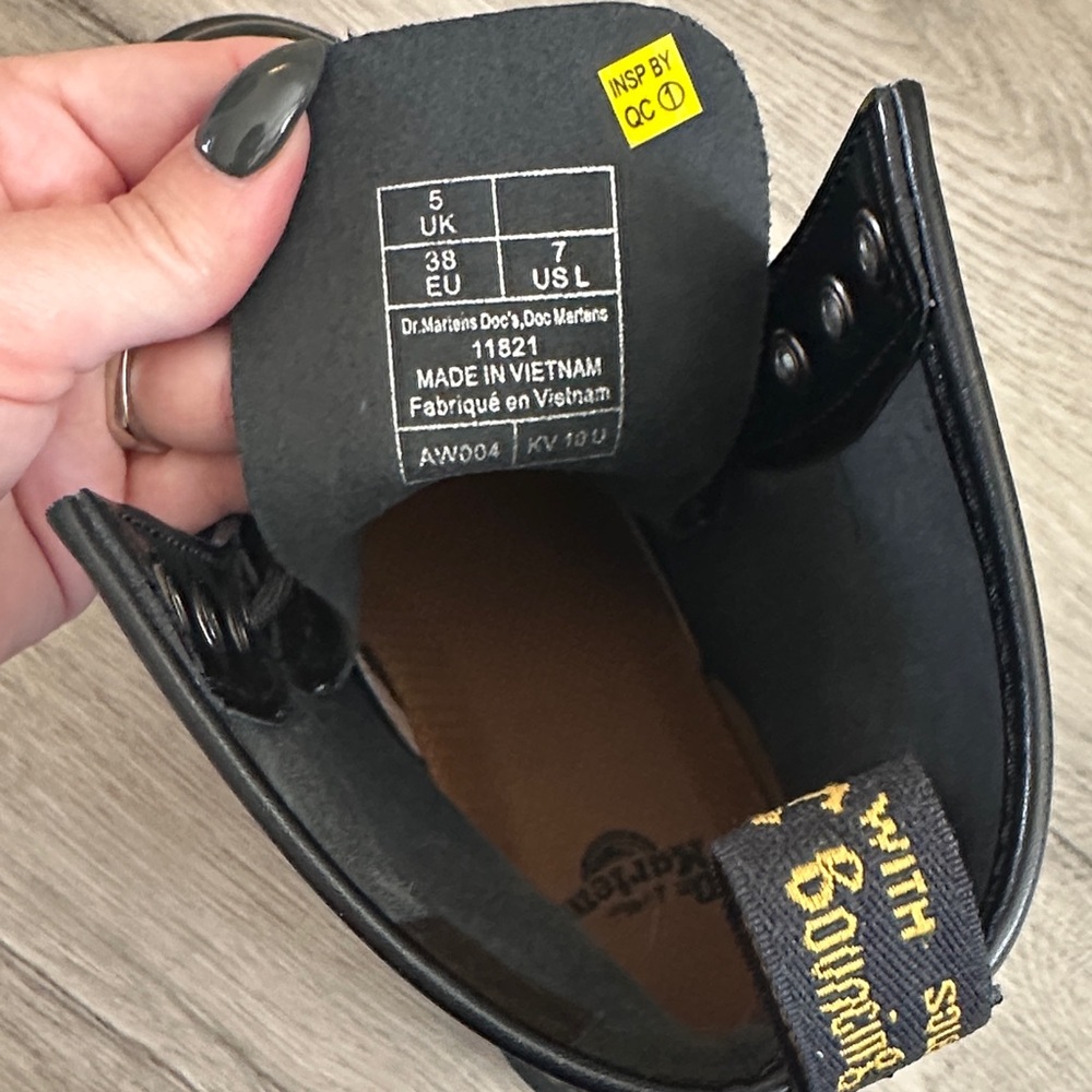 Dr. Martens Black Patent Lace-Up Boots with Yellow Stitching - Picture 2 of 5